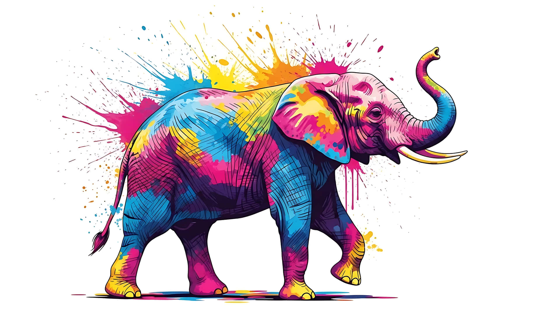 Vibrant elephant with colorful paint splashes on white background 壁紙 — 一頭充滿活力的大象被彩虹顏料濺灑，在純白背景上迸發。
