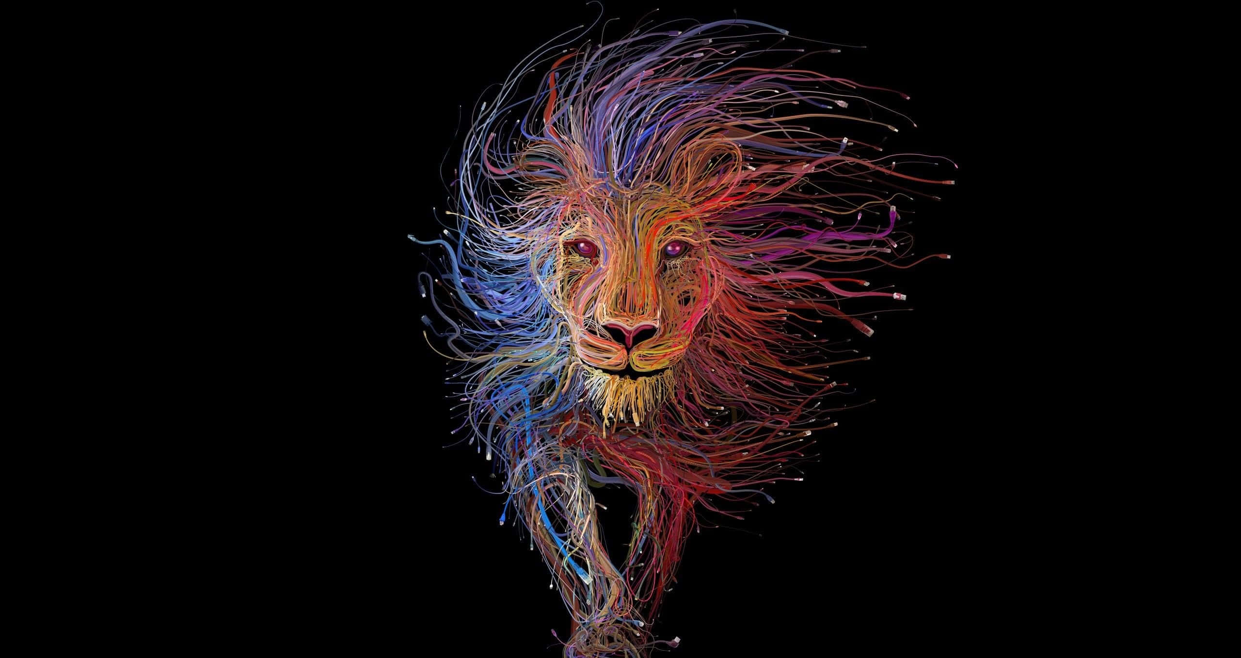 Trippy Animals 桌布 壁紙 — 一頭充滿活力的數位獅子，在純黑背景上帶有電藍色和火紅色的鬃毛條紋。