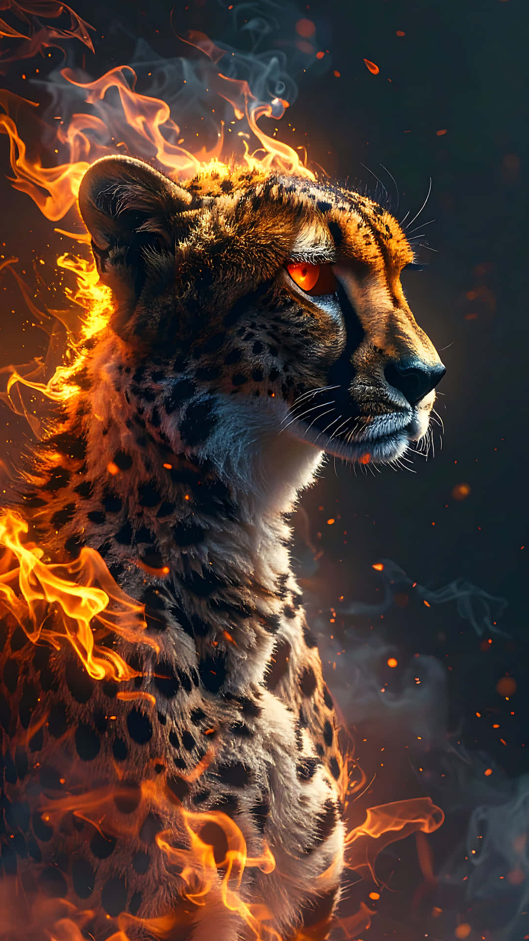 Blazing Cheetah 壁紙 — 一頭兇猛獵豹的頭部和肩膀被鮮豔的橙色火焰吞噬，背景黑暗煙霧彌漫。