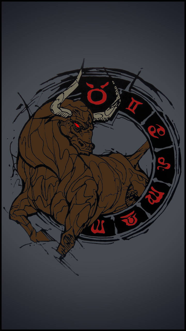 taurus 桌布 壁紙 — 一頭兇猛的棕色公牛，雙眼發出紅光，向前衝刺，周圍環繞著帶有紅色占星符號的圓形黃道輪。