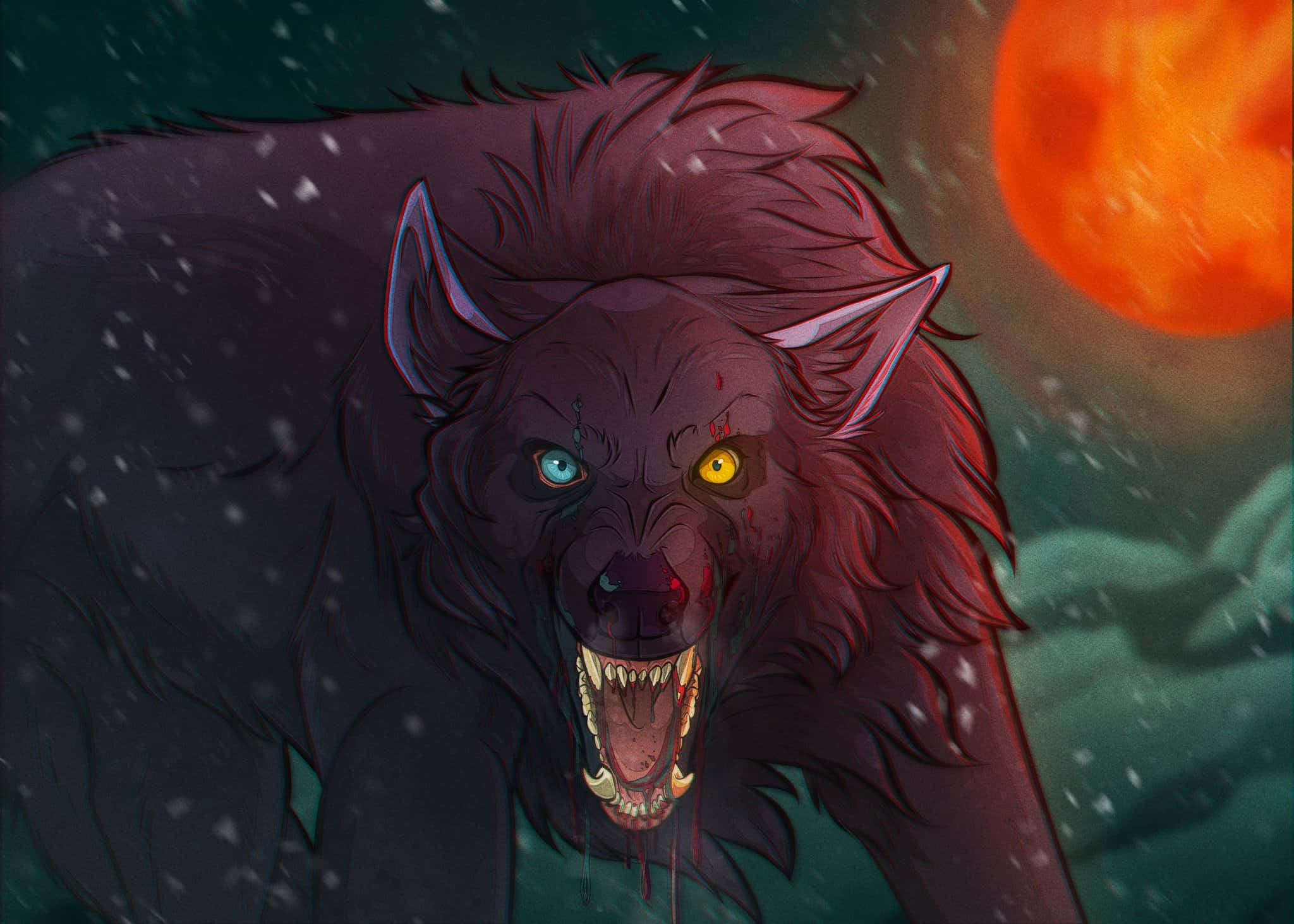 Wolf's Rain Darcia 桌布 壁紙 — 一頭兇猛的深色狼，雙眼顏色不同，在雪夜場景中，於發光的橙色月亮下咆哮。