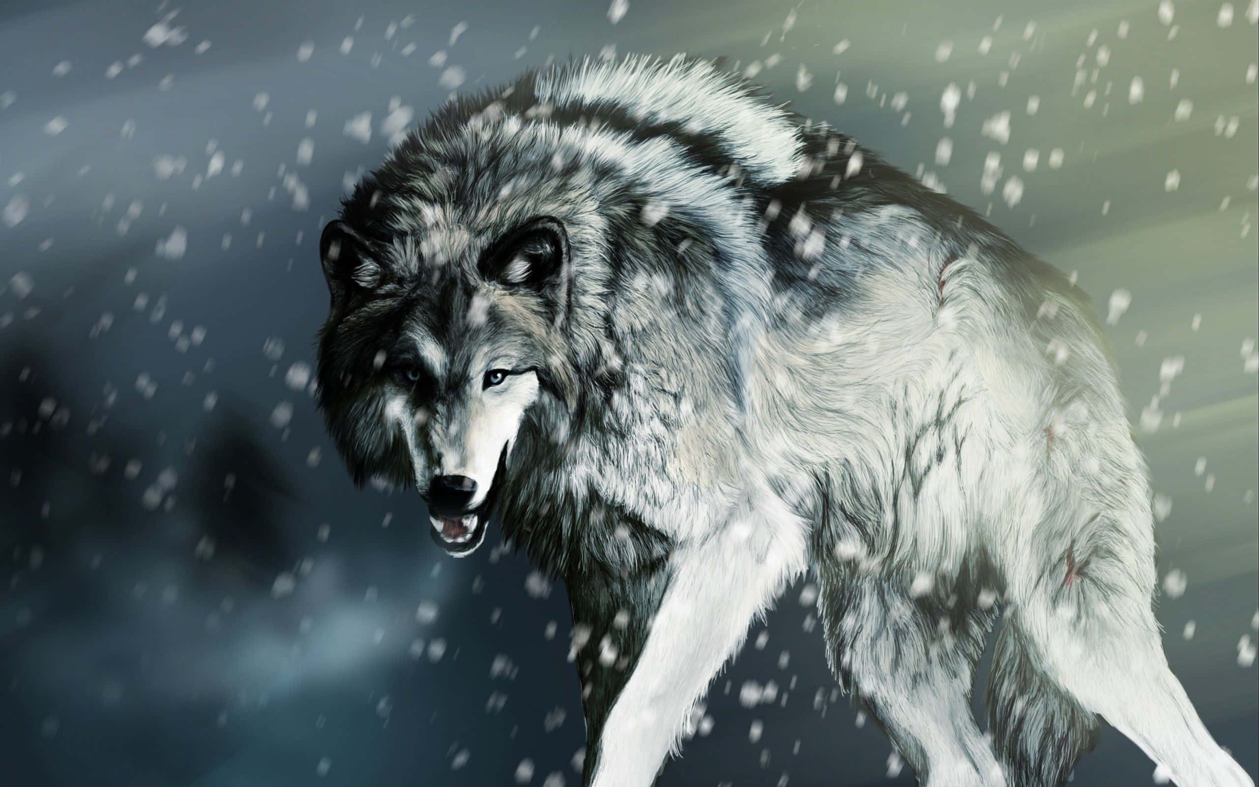 Gray Wolf 桌布 壁紙 — 一頭兇猛的灰狼在飄落的雪中大步前行，眼睛發光，背景是黑暗的暴風雨。
