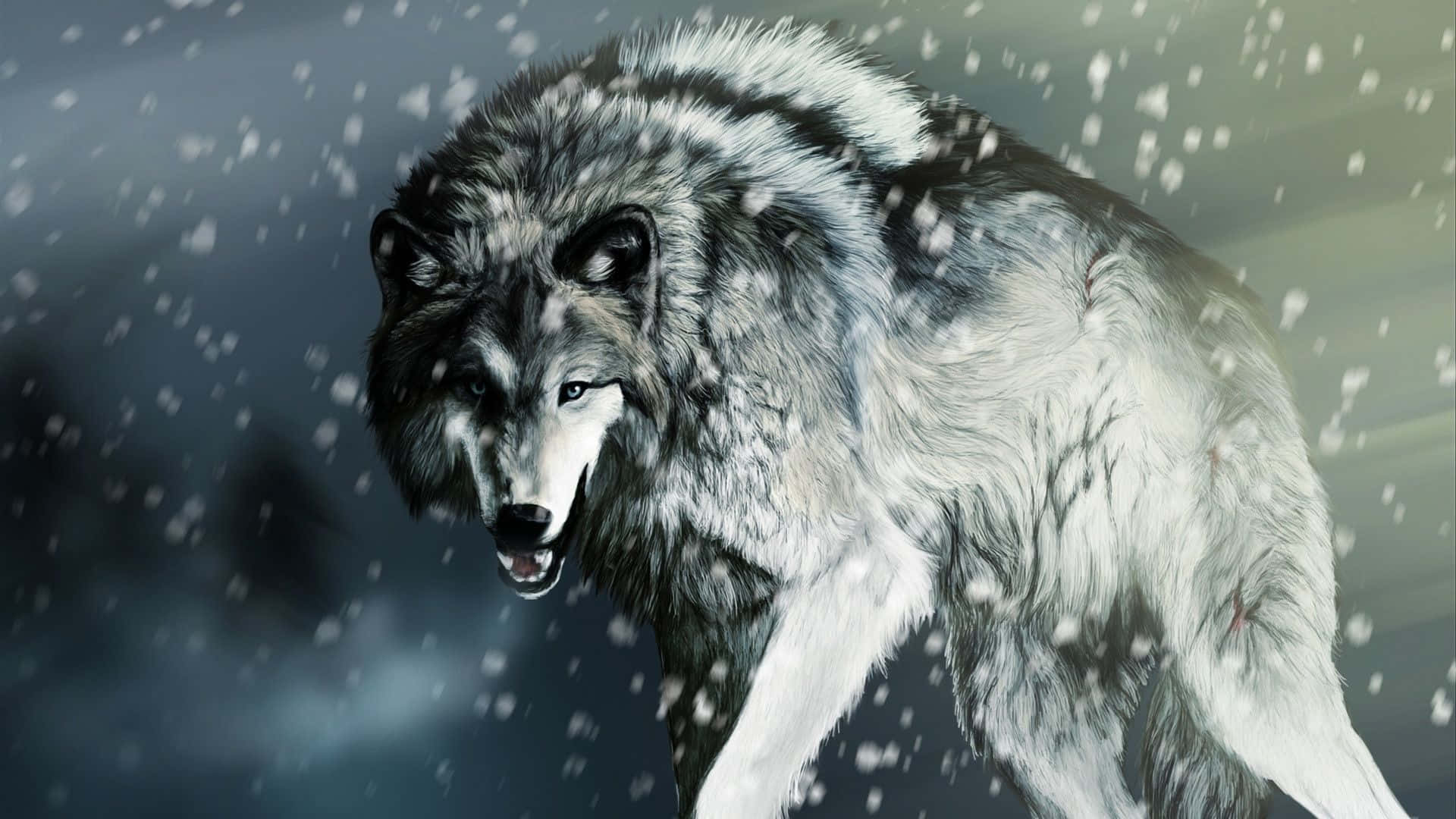 Epic Wolf 桌布 壁紙 — 一頭兇猛的灰狼在飄雪中大步前行，雙眼發光，身側帶有戰鬥傷疤。