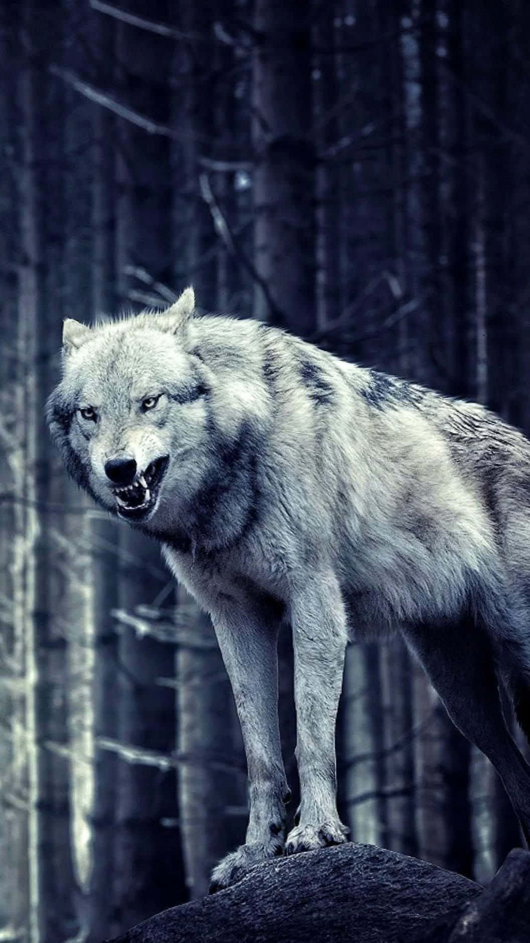 Angry Wolf 桌布 壁紙 — 一頭兇猛的灰狼站在黑暗森林中的岩石上，在憂鬱的藍色燈光下齜牙咧嘴，眼睛發光。