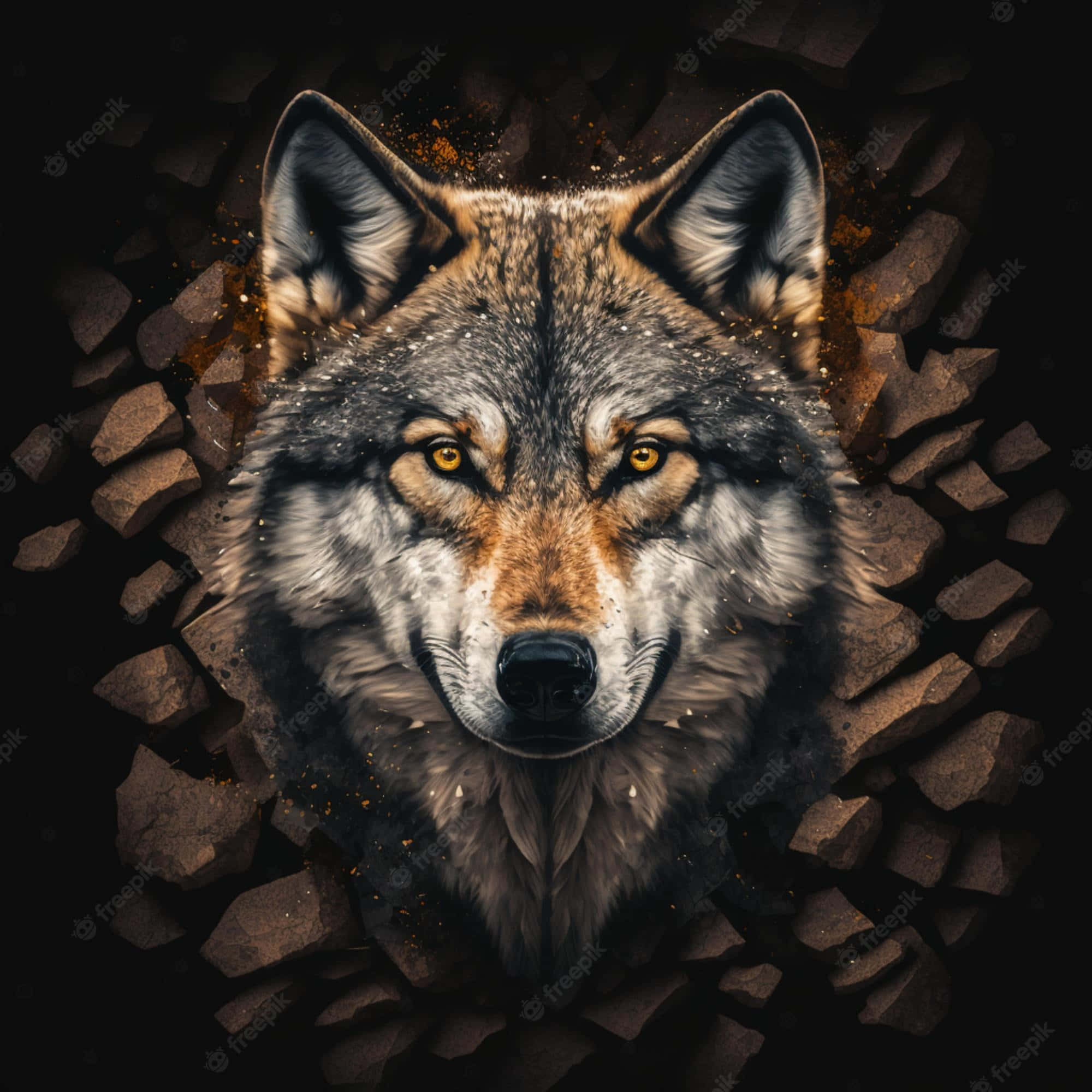 Alpha Wolf 桌布 壁紙 — 一頭兇猛的狼，琥珀色發光的眼睛直視前方，從破碎的石圈中浮現，背景黑暗。