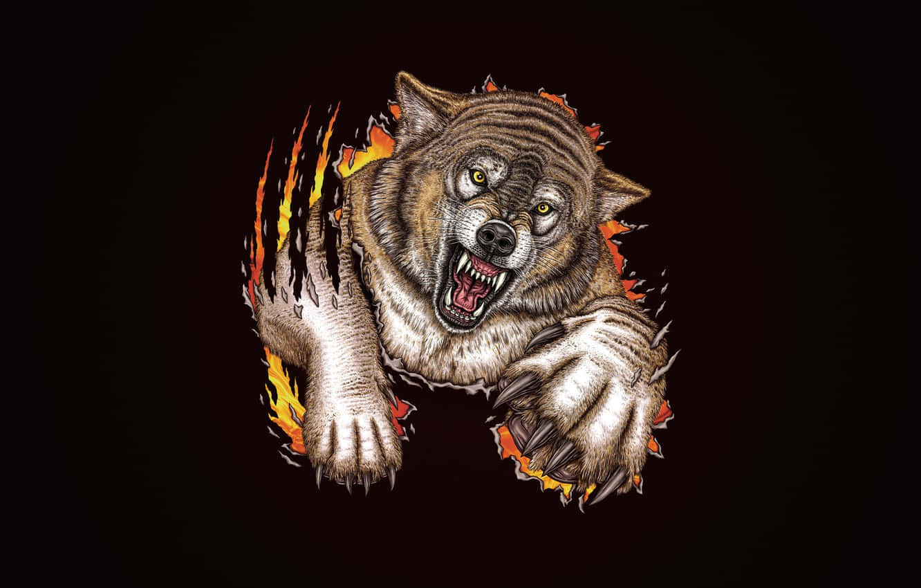 Angry Wolf 桌布 壁紙 — 一頭兇猛的狼在黑暗背景下，用發光的眼睛和露出的牙齒撕開一道火焰屏障。