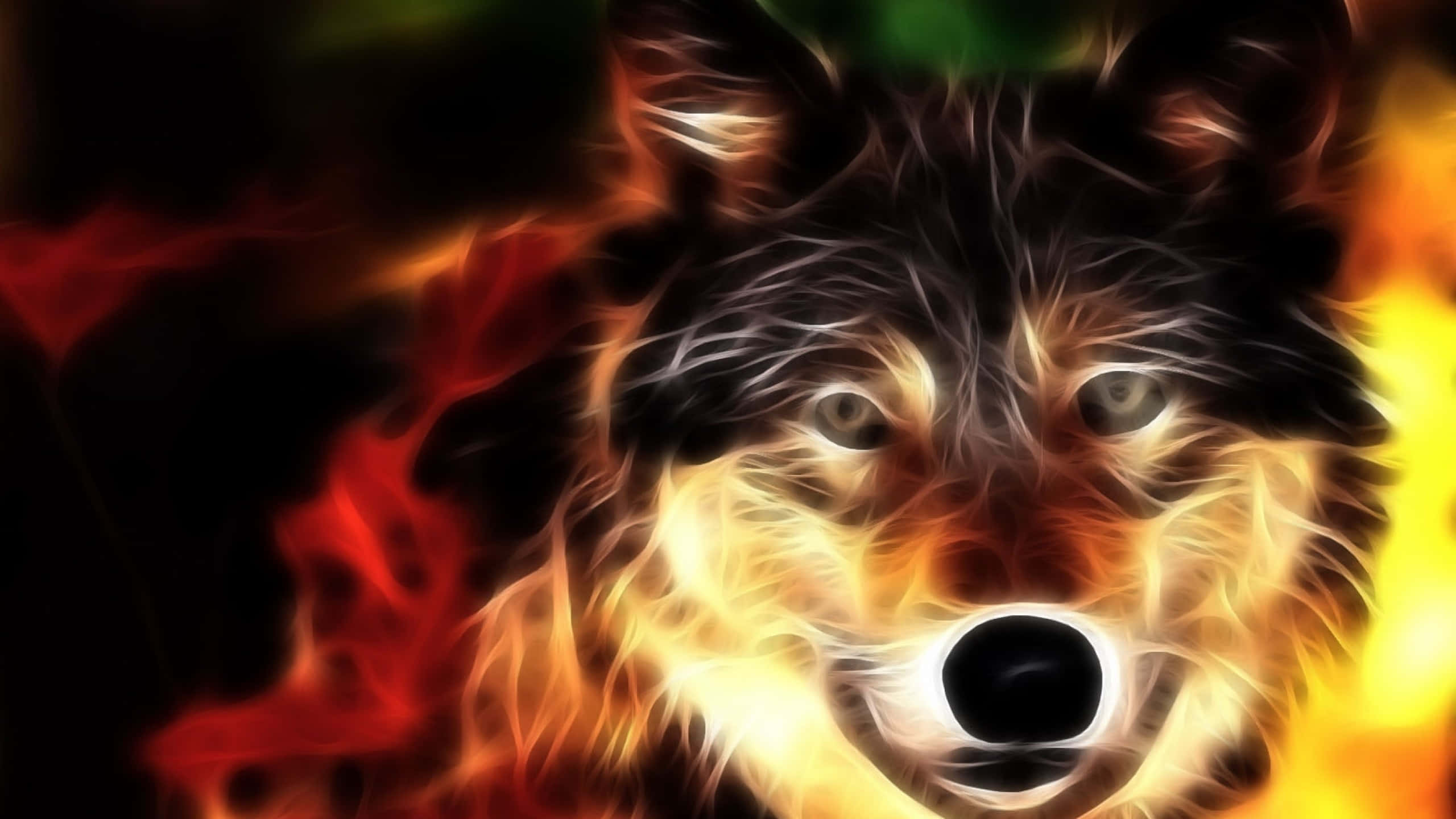 Cool Anime Wolf 桌布 壁紙 — 一頭兇猛的狼臉從旋轉的火焰中浮現，眼睛發光，帶有火熱的橙黃色亮點，背景為深色。