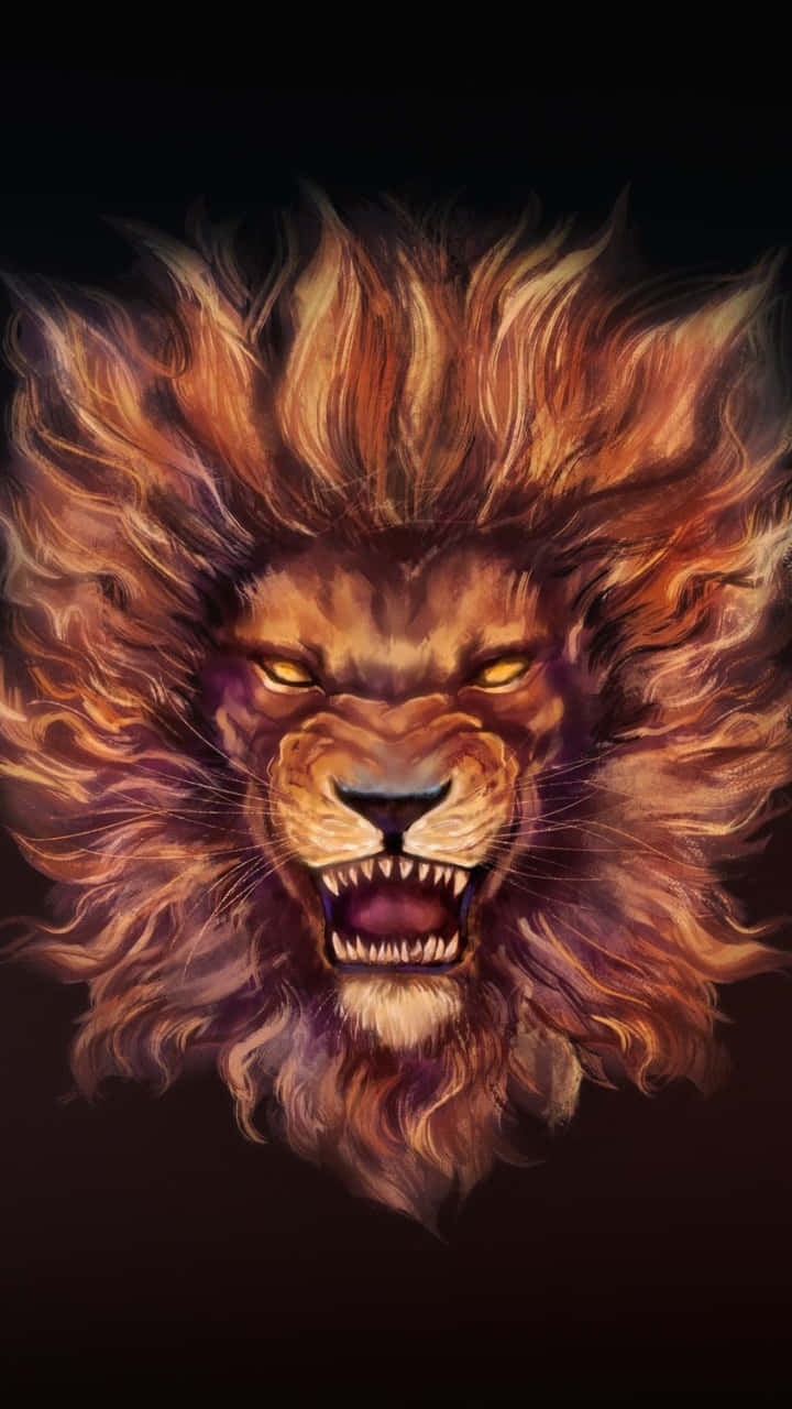 Roaring Lion 桌布 壁紙 — 一頭兇猛的獅子，眼睛發光，咆哮的表情，在戲劇性的數位繪畫中主宰著黑暗的背景。