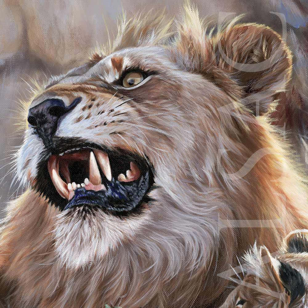 Lion Head 桌布 壁紙 — 一頭兇猛的獅子在帶有紋理的油畫特寫中張牙舞爪，雙眼發光地咆哮。