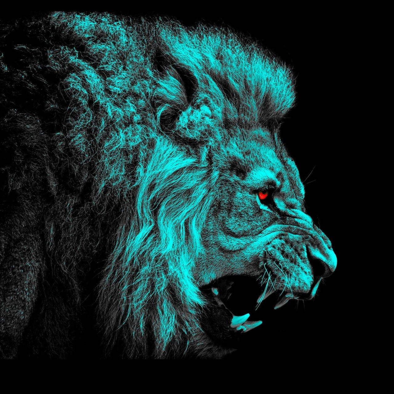 lion roar 桌布 壁紙 — 一頭兇猛的獅子頭部散發著電光藍綠色的毛髮和發光的紅色眼睛，背景是漆黑的。