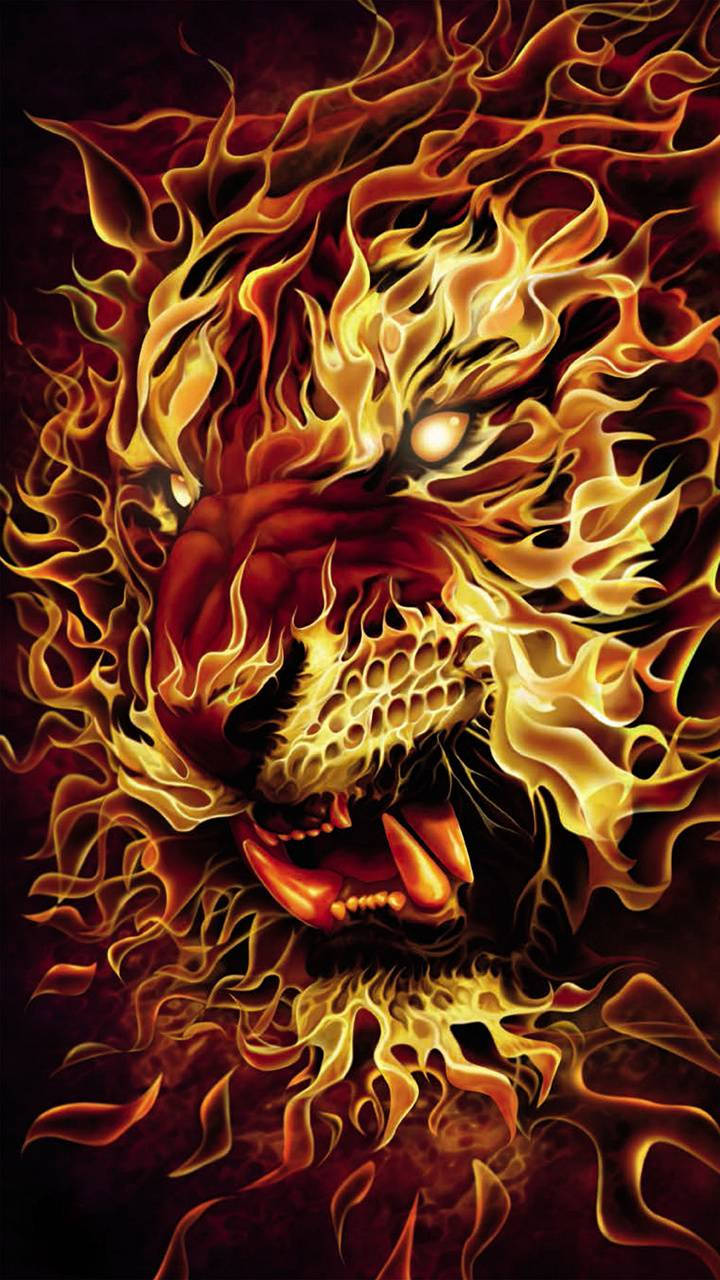 Fire Lion 桌布 壁紙 — 一頭兇猛的獅子頭部被咆哮的火焰吞沒，眼睛發光，背景為深色。