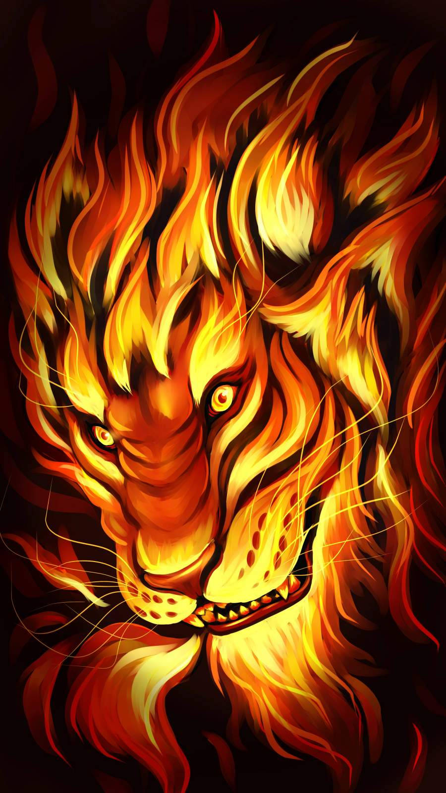 Lion Face 桌布 壁紙 — 一頭兇猛的獅子頭部被鮮豔的橙色和黃色火焰包圍，背景為深色。