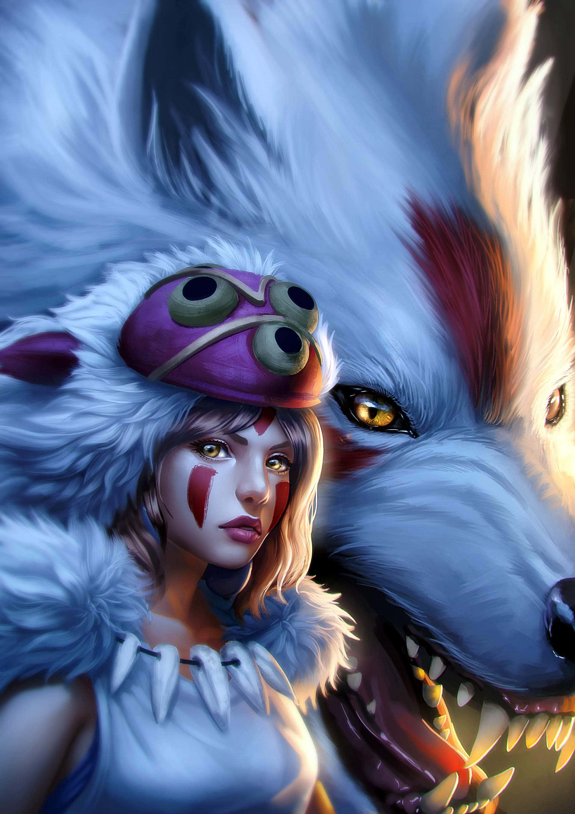 魔法公主 桌布 壁紙 — 一頭兇猛的白狼，琥珀色的眼睛發著光，出現在一位身穿毛皮連帽斗篷和紫色護目鏡的年輕女子身旁。