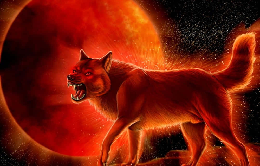 Red Wolf 桌布 壁紙 — 一頭兇猛的紅狼在宇宙星空中對著一顆發光的紅色行星咆哮。