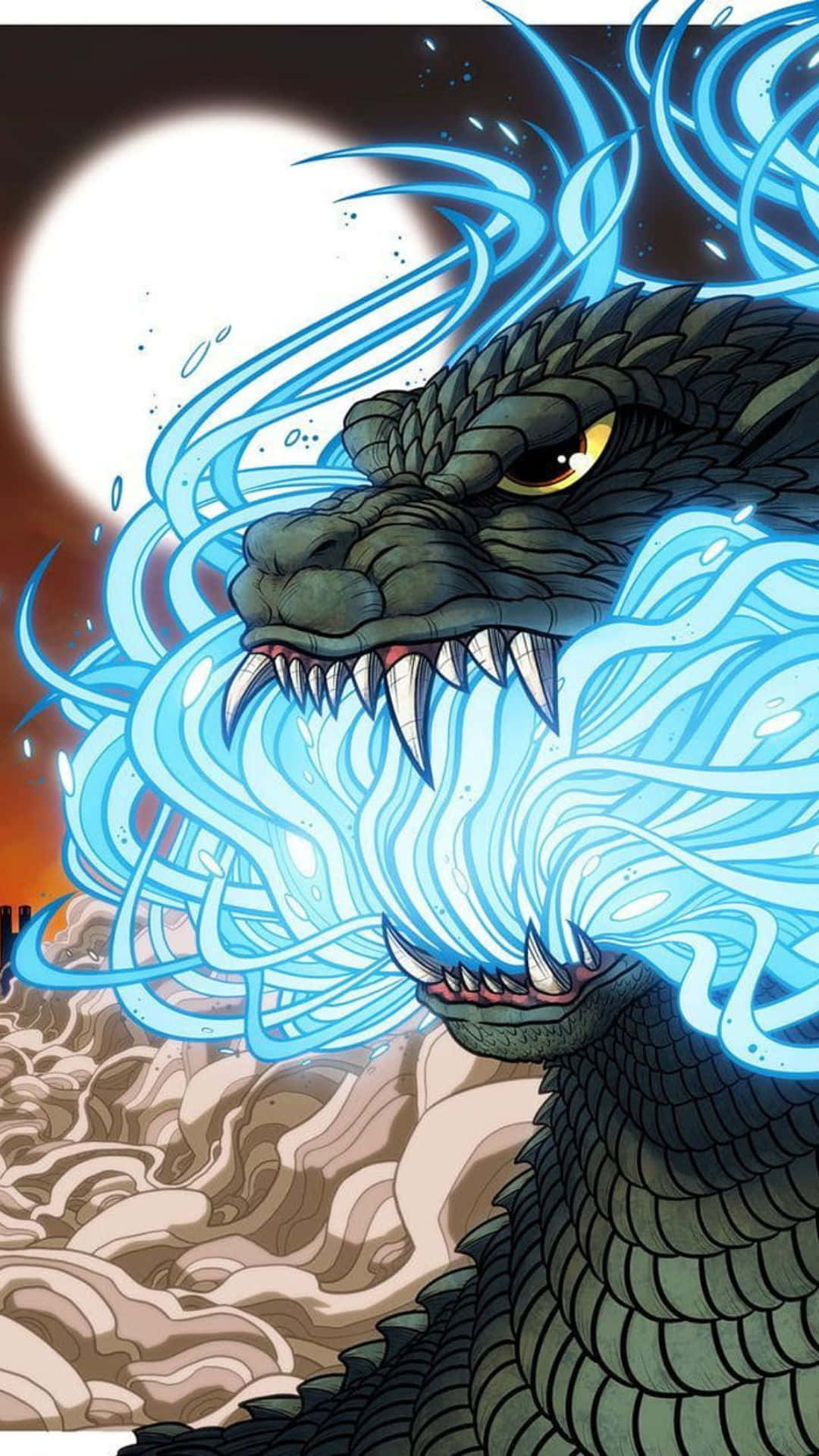 Godzilla 2000 桌布 壁紙 — 一頭兇猛的綠色巨龍，閃爍著黃色眼睛，在熾熱的日落背景下噴出冰冷的藍色能量。