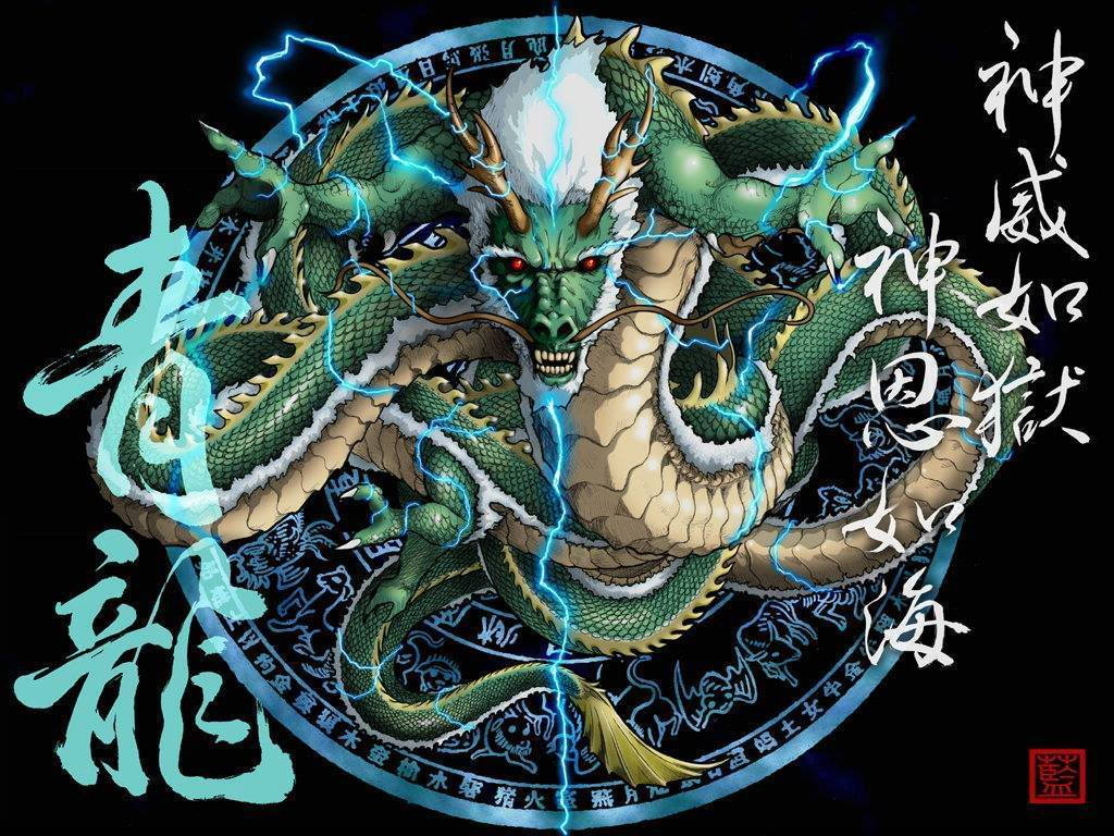日式龍 桌布 壁紙 — 一頭兇猛的綠色龍，白色鬃毛和紅色眼睛，纏繞在一個神秘的圓形印章上，黑色背景上閃爍著藍色閃電。