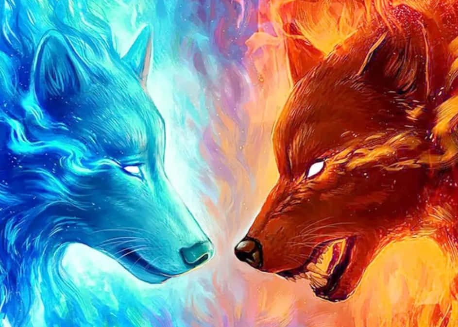 Fire And Ice Wolf 桌布 壁紙 — 一頭兇猛的藍狼和一頭咆哮的橙色狐狸在充滿能量和色彩的宇宙漩渦中對峙。