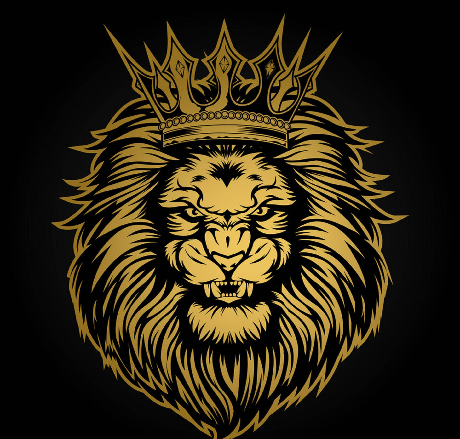 Lion Head 桌布 壁紙 — 一頭兇猛的金色獅子，戴著尖刺王冠，在黑色背景上向前凝視。