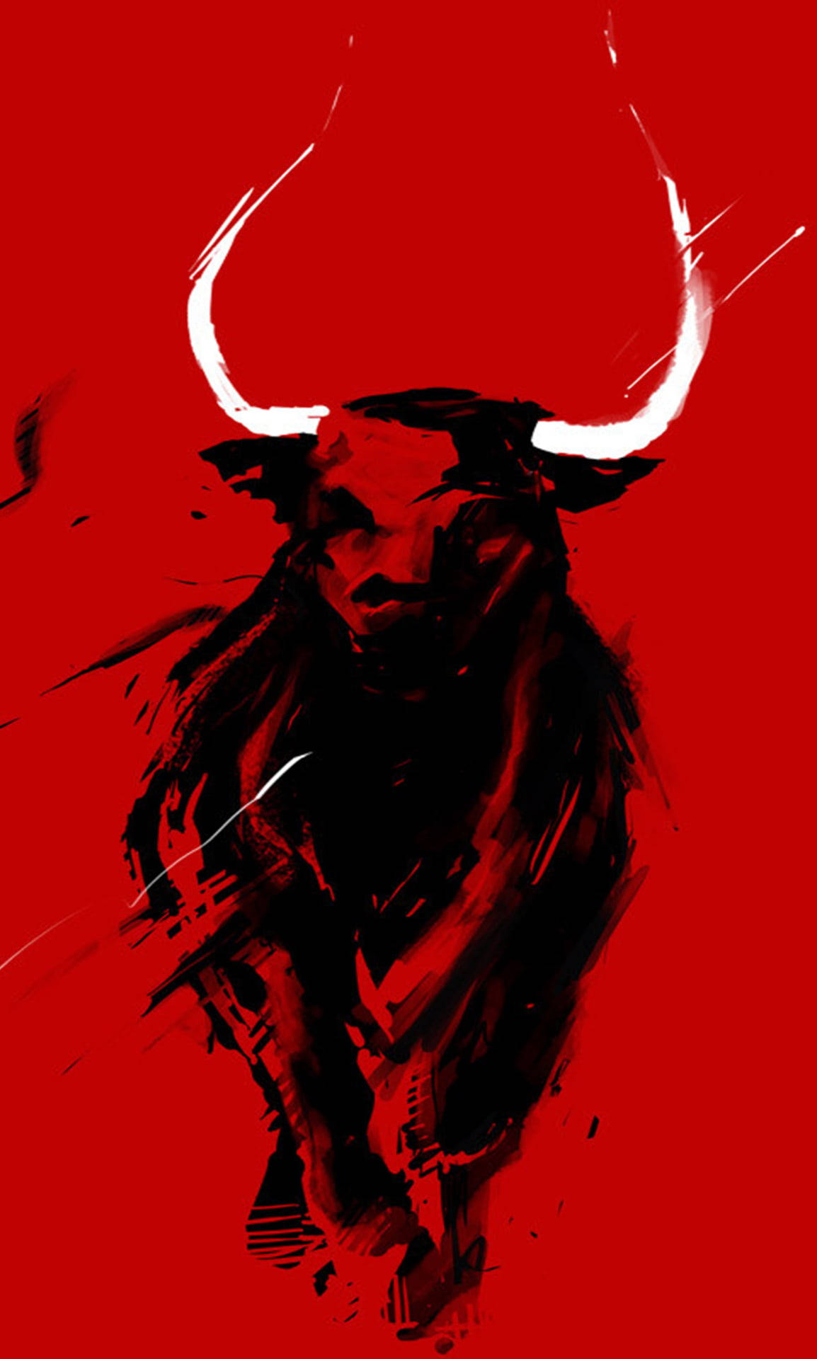 taurus 桌布 壁紙 — 一頭兇猛的黑牛，帶有發光的白色牛角，以動態的筆觸風格衝向大膽的紅色背景。