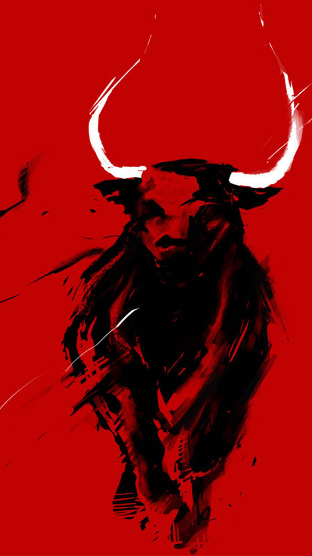 Chicago Bulls 桌布 壁紙 — 一頭兇猛的黑牛，帶有發光的白色牛角，在鮮紅色的背景下以大膽的筆觸風格向前衝刺。