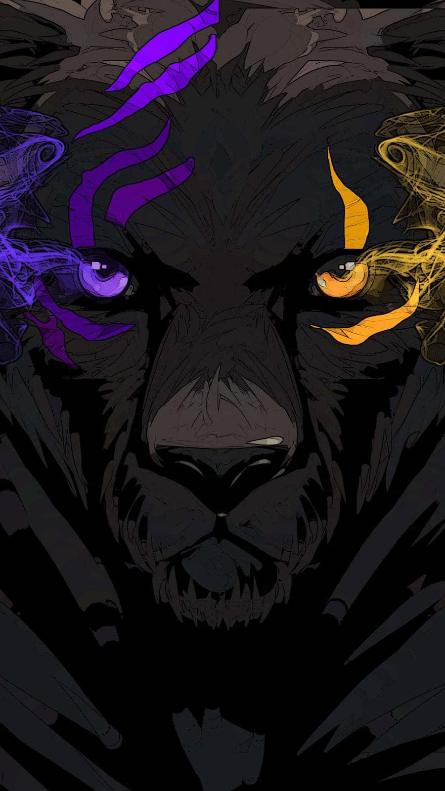 angry bear 桌布 壁紙 — 一頭兇猛的黑獅子，有一隻紫色發光的眼睛和一隻金色的眼睛，被旋轉的能量包圍。