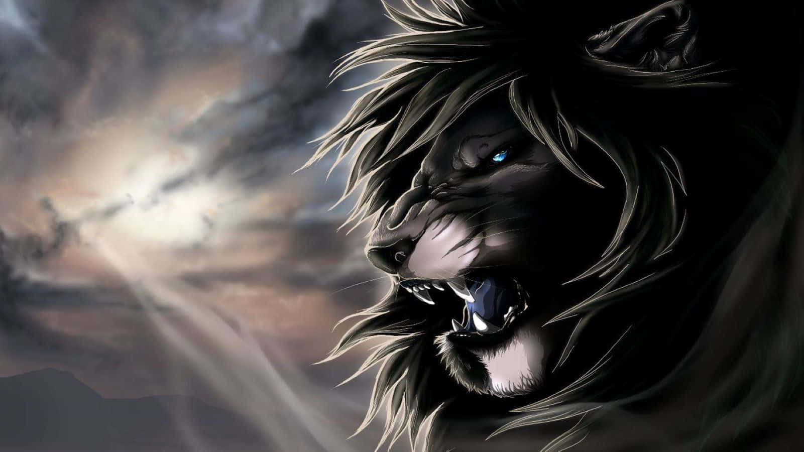 Black Lion 桌布 壁紙 — 一頭兇猛的黑獅子，閃爍著藍色光芒的眼睛，在戲劇性的燈光下對著暴風雨黃昏的天空咆哮。