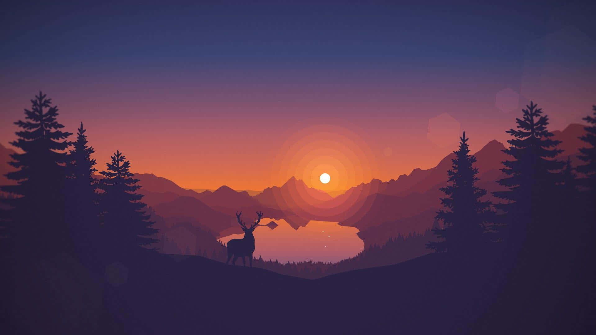 Minimalist Sunset 桌布 壁紙 — 一頭剪影鹿站在山間湖泊和松樹上方閃耀的日落前。