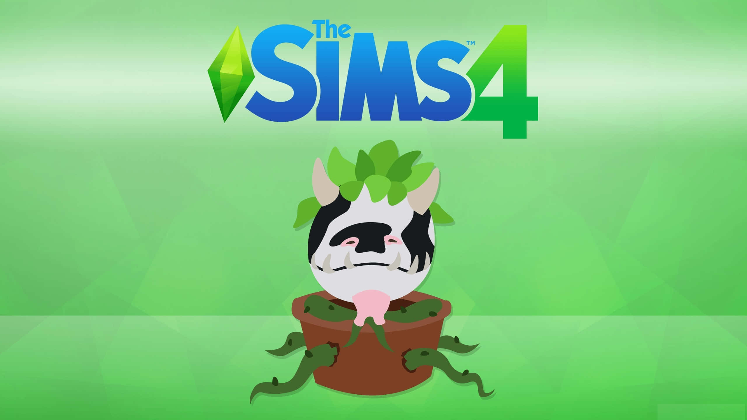 The Sims 4 桌布 壁紙 — 一頭卡通牛，頭上有綠色葉子，坐在一個棕色花盆裡，盆裡長出綠色藤蔓，下方是The Sims 4標誌，背景為綠色漸層。