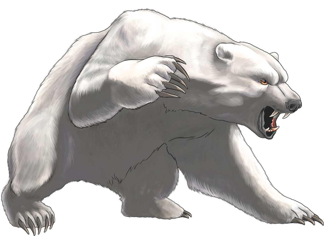 Polar 桌布 壁紙 — 一頭咆哮的北極熊，露出鋒利的爪子和牙齒，在黑色背景下咄咄逼人地站立。