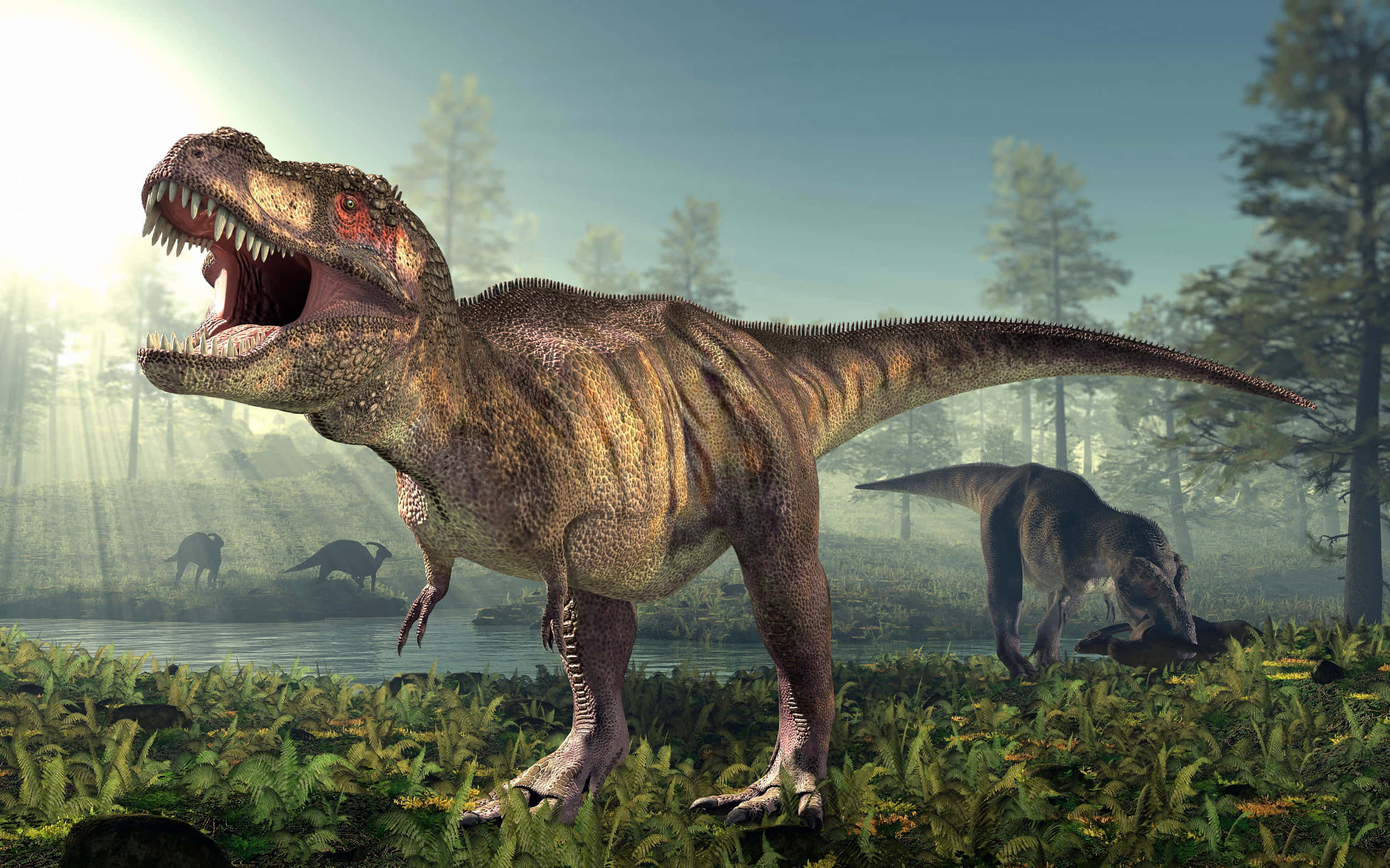 t-rex 桌布 壁紙 — 一頭咆哮的暴龍統治著迷霧籠罩的史前森林，陽光穿過高大的樹木灑落。