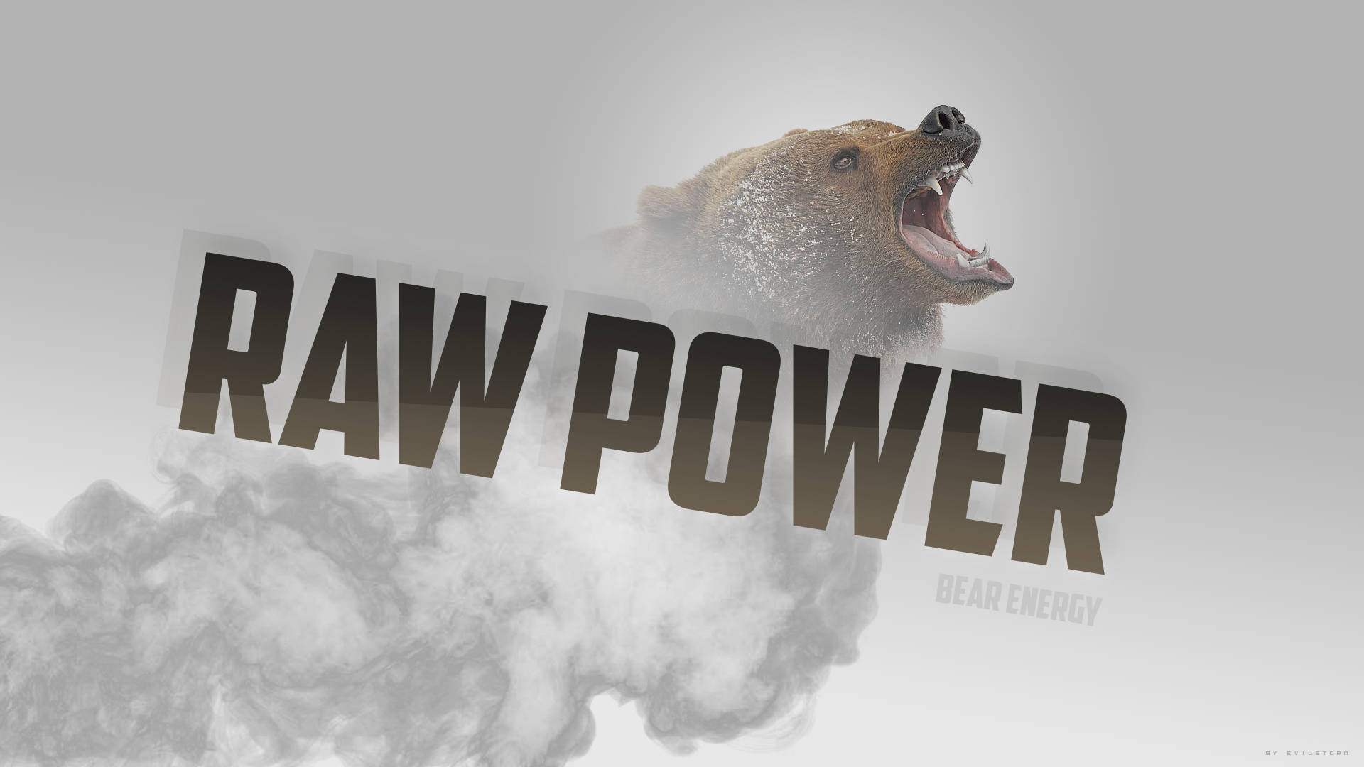 Energy 桌布 壁紙 — 一頭咆哮的棕熊從煙霧中出現，粗體文字寫著 RAW POWER，背景為簡約灰色。