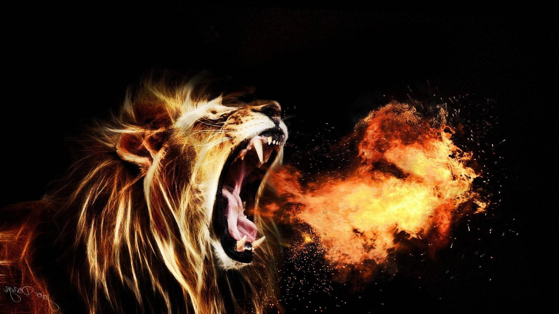 Cool Lion 桌布 壁紙 — 一頭咆哮的獅子，口中噴出火焰，在黑色背景上以戲劇性的數位藝術作品爆炸開來。