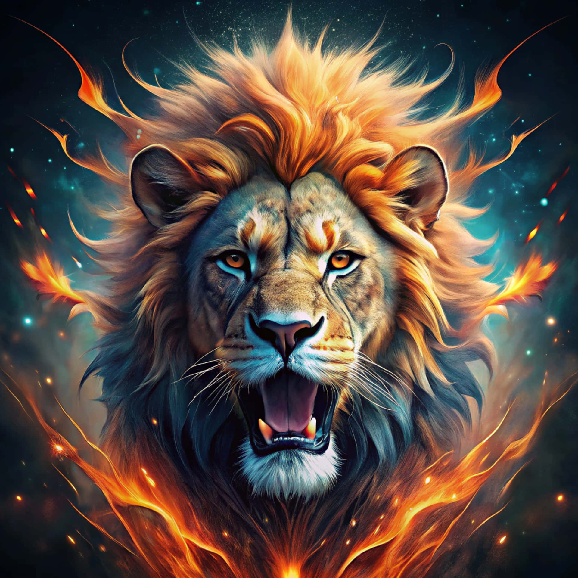 Roaring Lion 壁紙 — 一頭咆哮的獅子，擁有火焰般的鬃毛和發光的眼睛，背景是宇宙星空和旋轉的火焰。