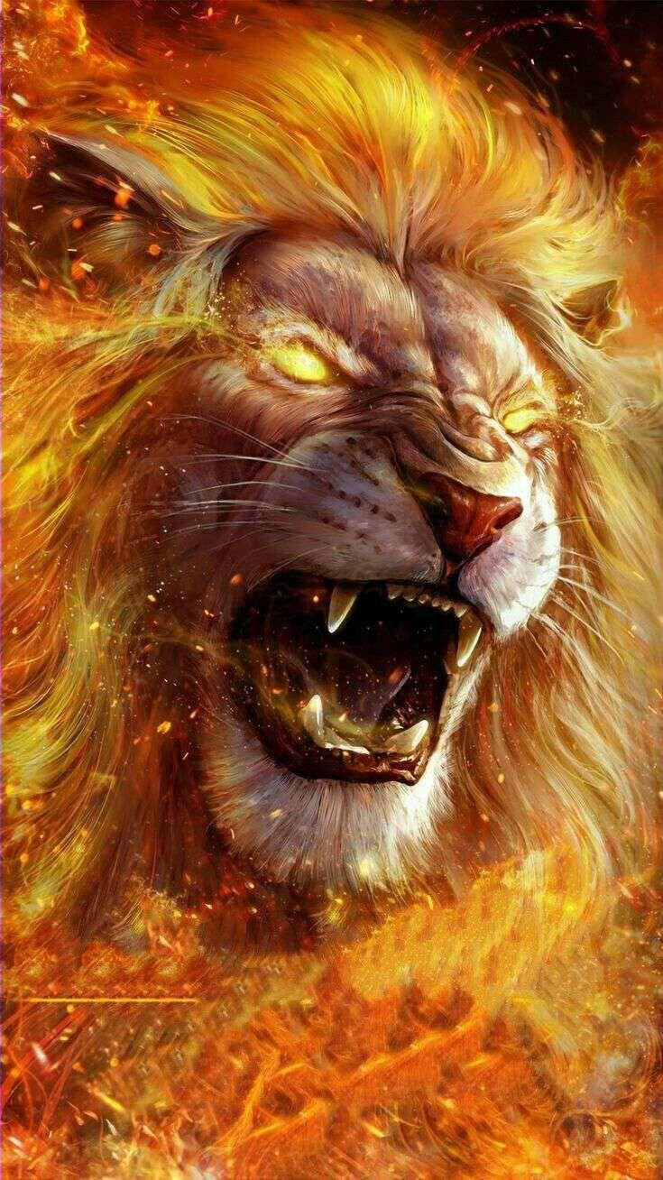 Lion Head 桌布 壁紙 — 一頭咆哮的獅子，眼睛發光，鬃毛如火，從火焰中噴湧而出，形成一幅戲劇性的數位藝術作品。