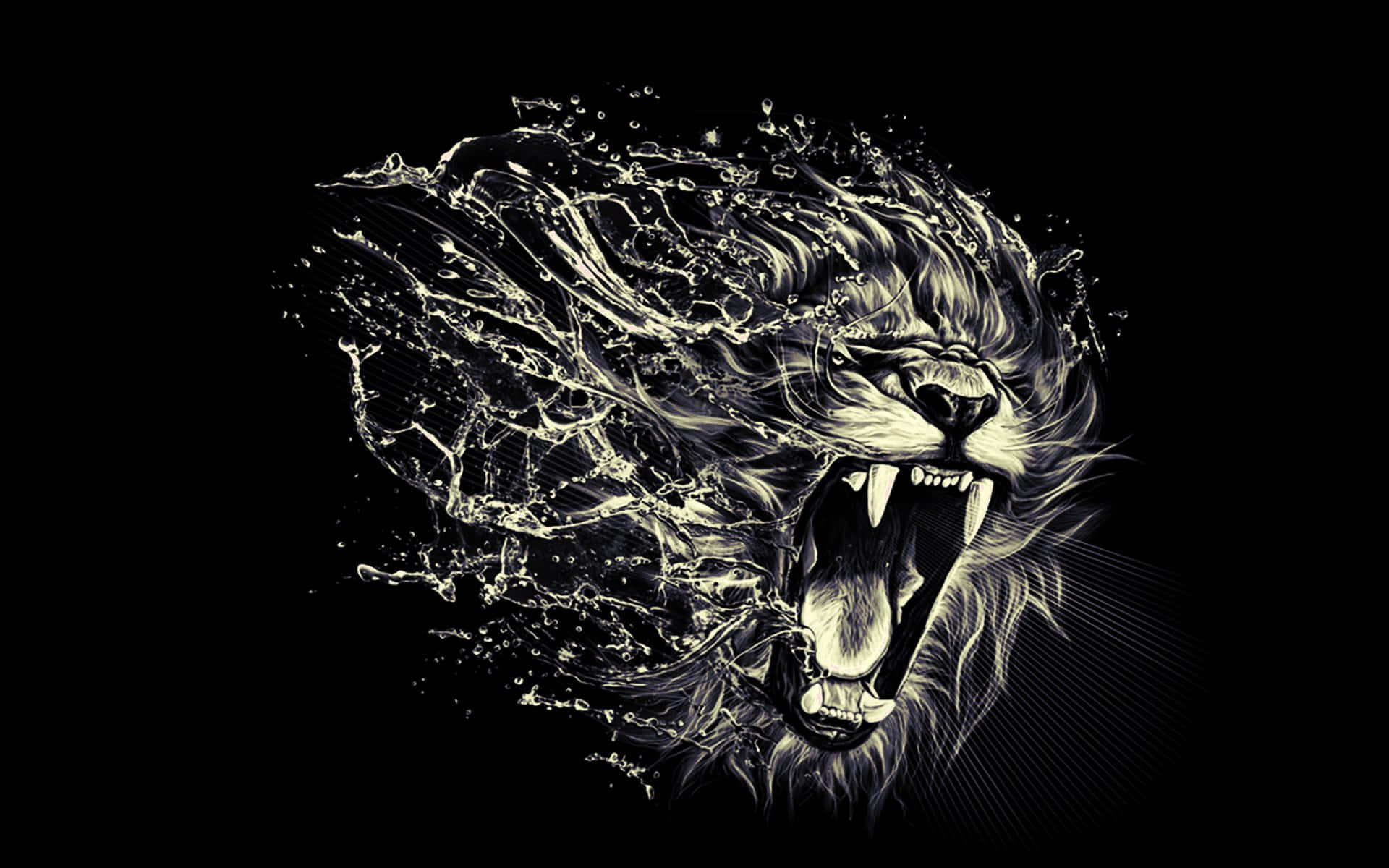Roaring Lion 桌布 壁紙 — 一頭咆哮的獅子頭在純黑色背景上爆發出動態的白色水花。