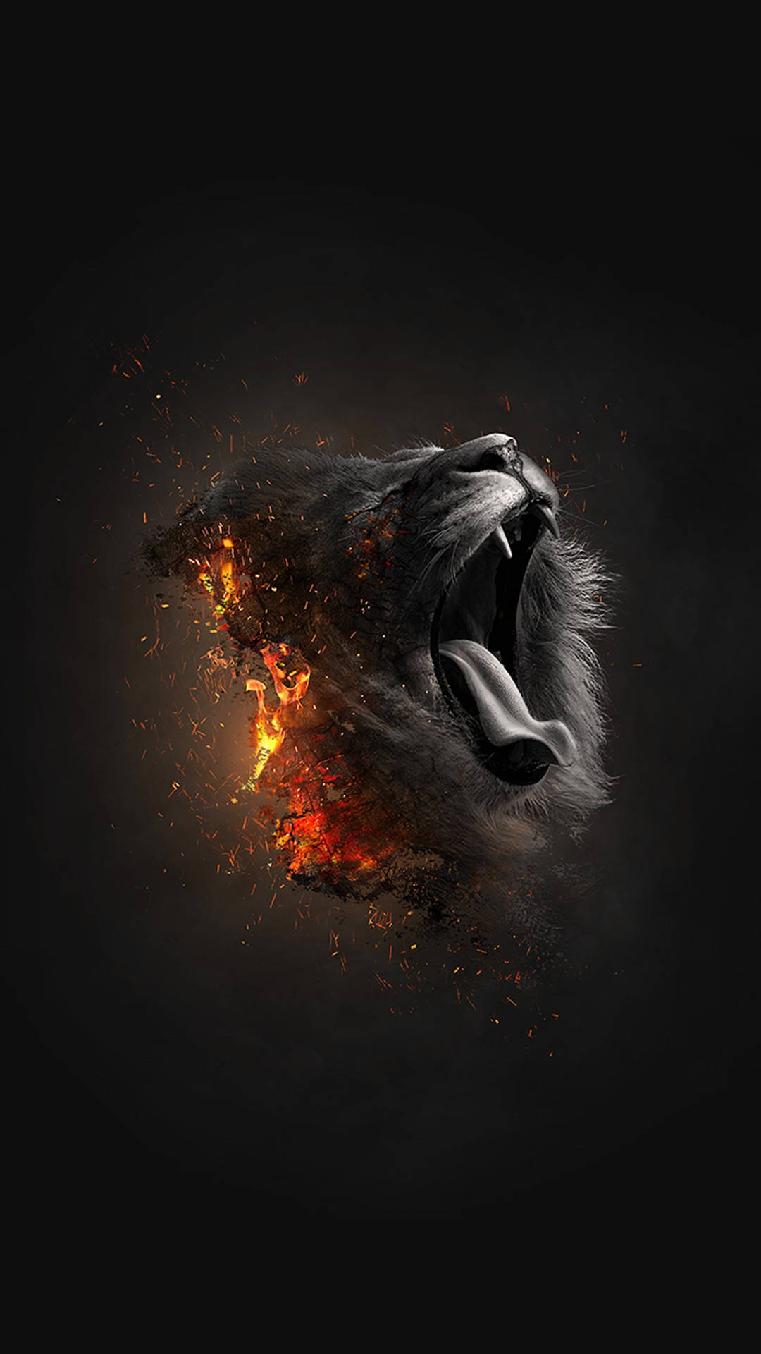 lion roar 桌布 壁紙 — 一頭咆哮的獅子頭在黑暗背景中爆發出熾熱的火花，傳達出原始的力量和強度。