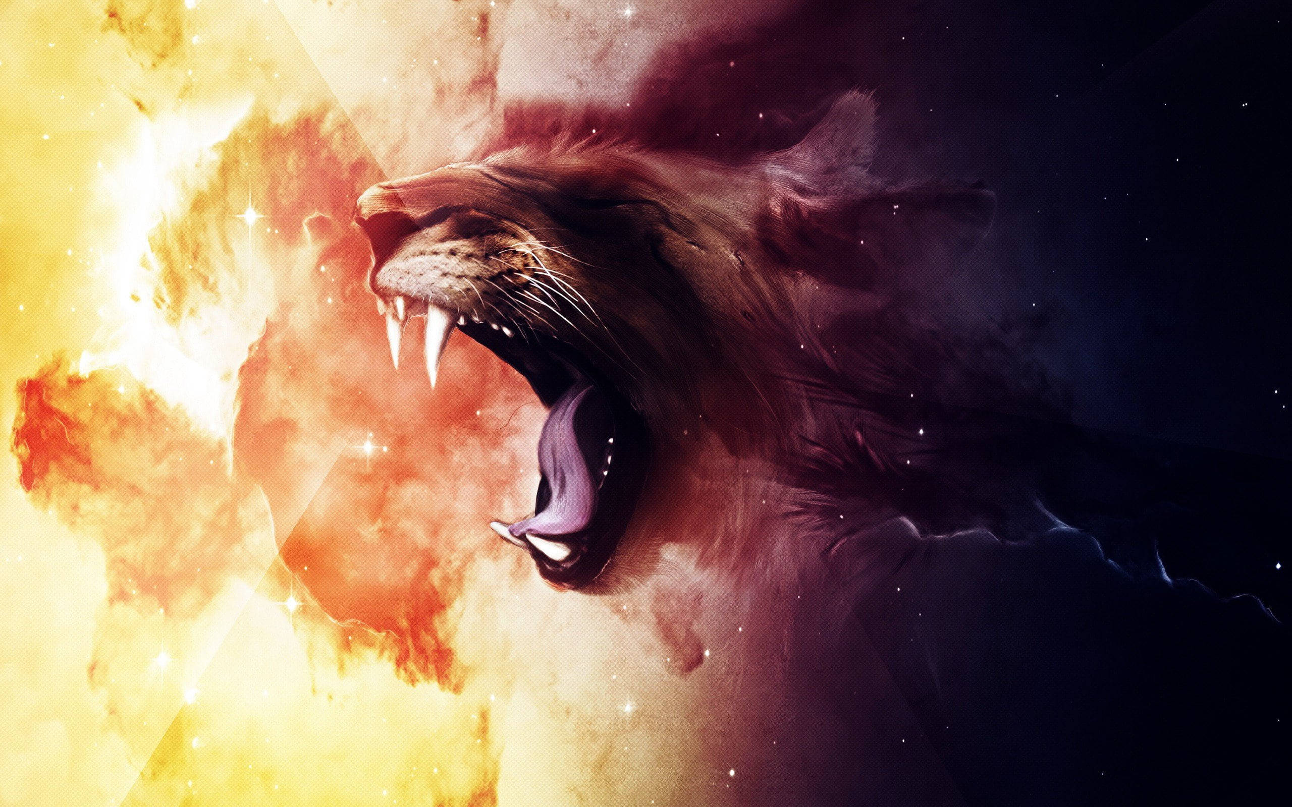 lion roar 桌布 壁紙 — 一頭咆哮的獅子頭從宇宙火焰中浮現，背景是星光燦爛的星雲。