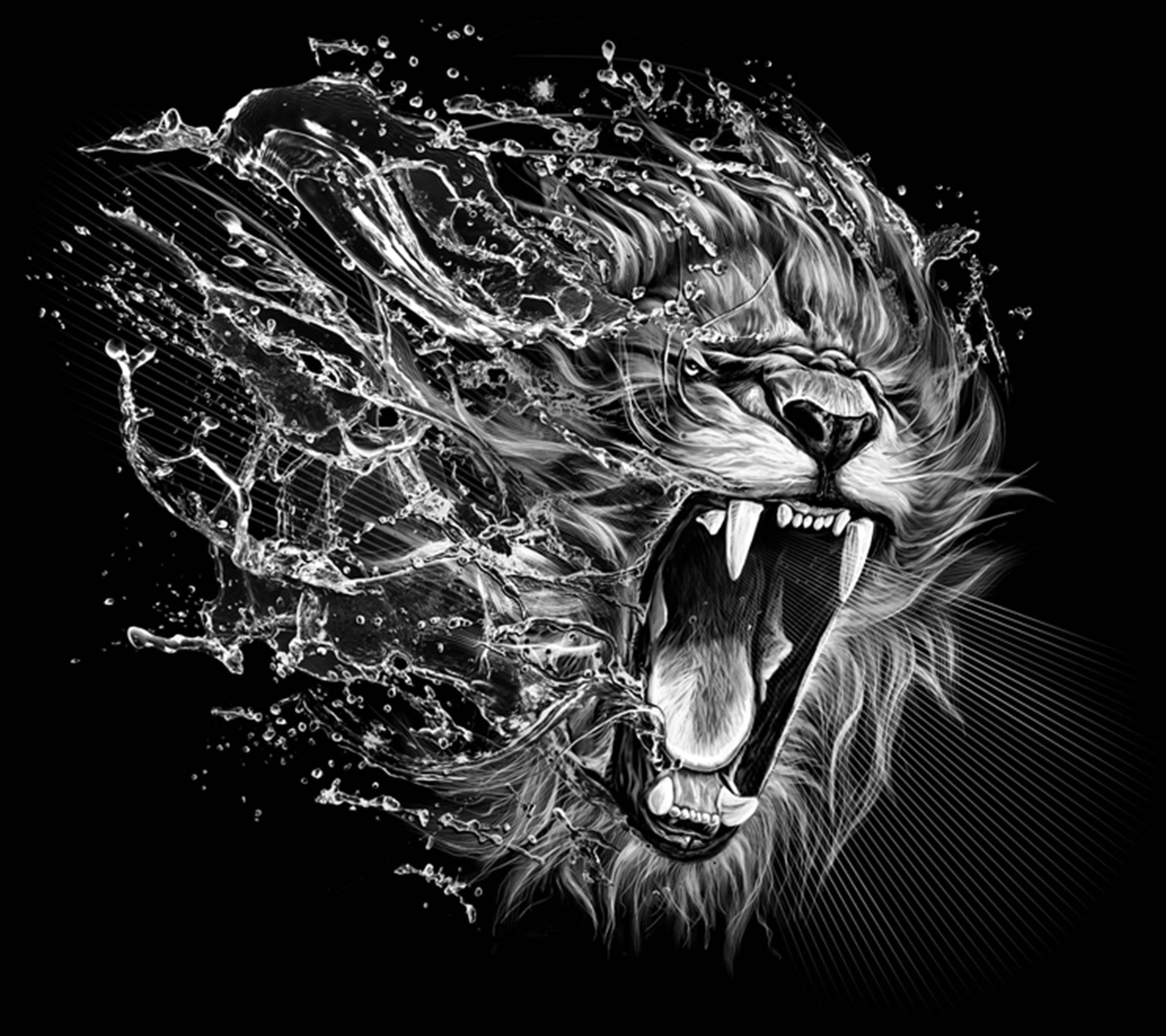 Lion Head 桌布 壁紙 — 一頭咆哮的獅子頭從爆炸性的水花中浮現，背景是純黑色。