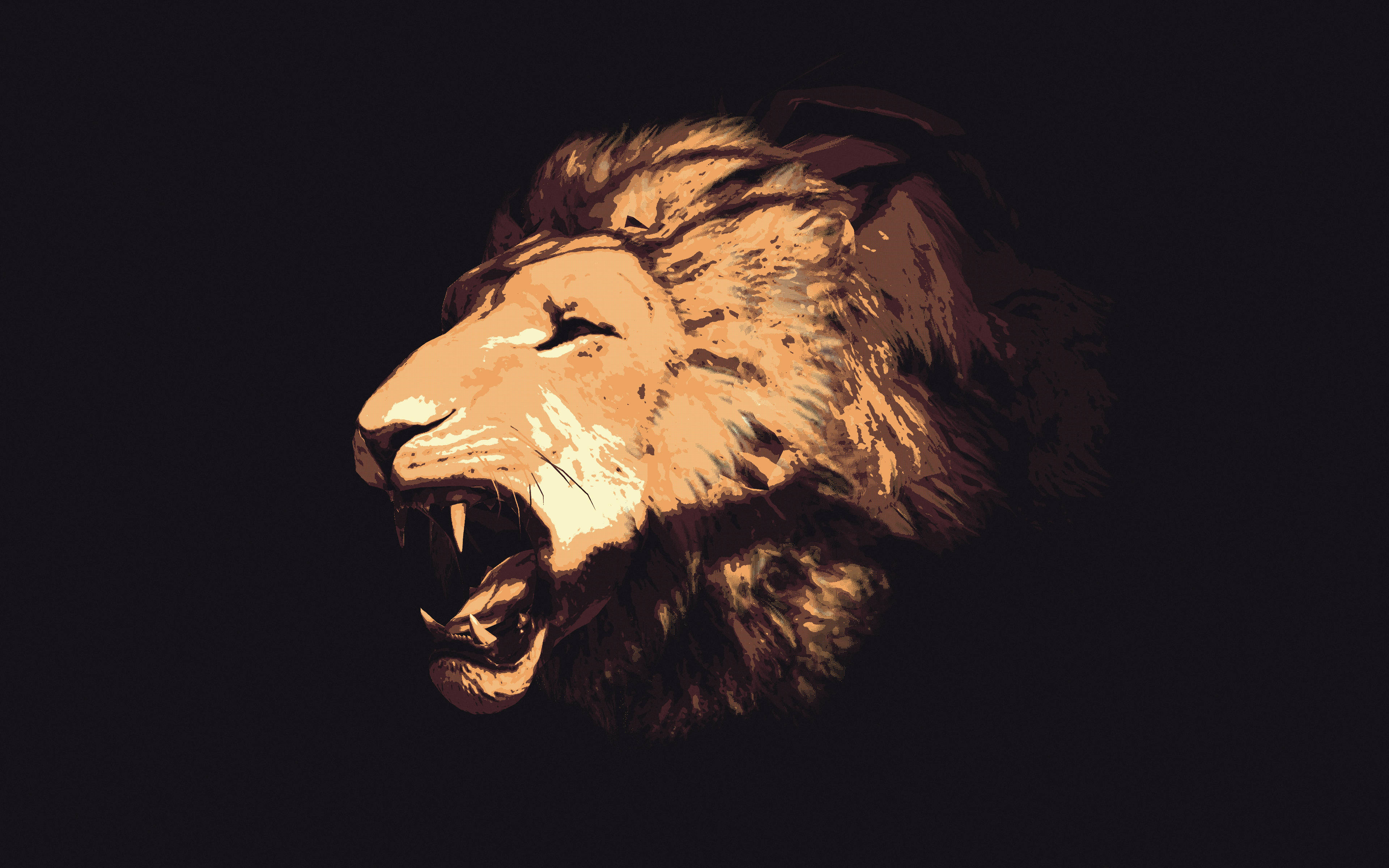 Lion Head 桌布 壁紙 — 一頭咆哮的獅子頭部，以暖色調呈現，背景為深色，帶有戲劇性的燈光效果。