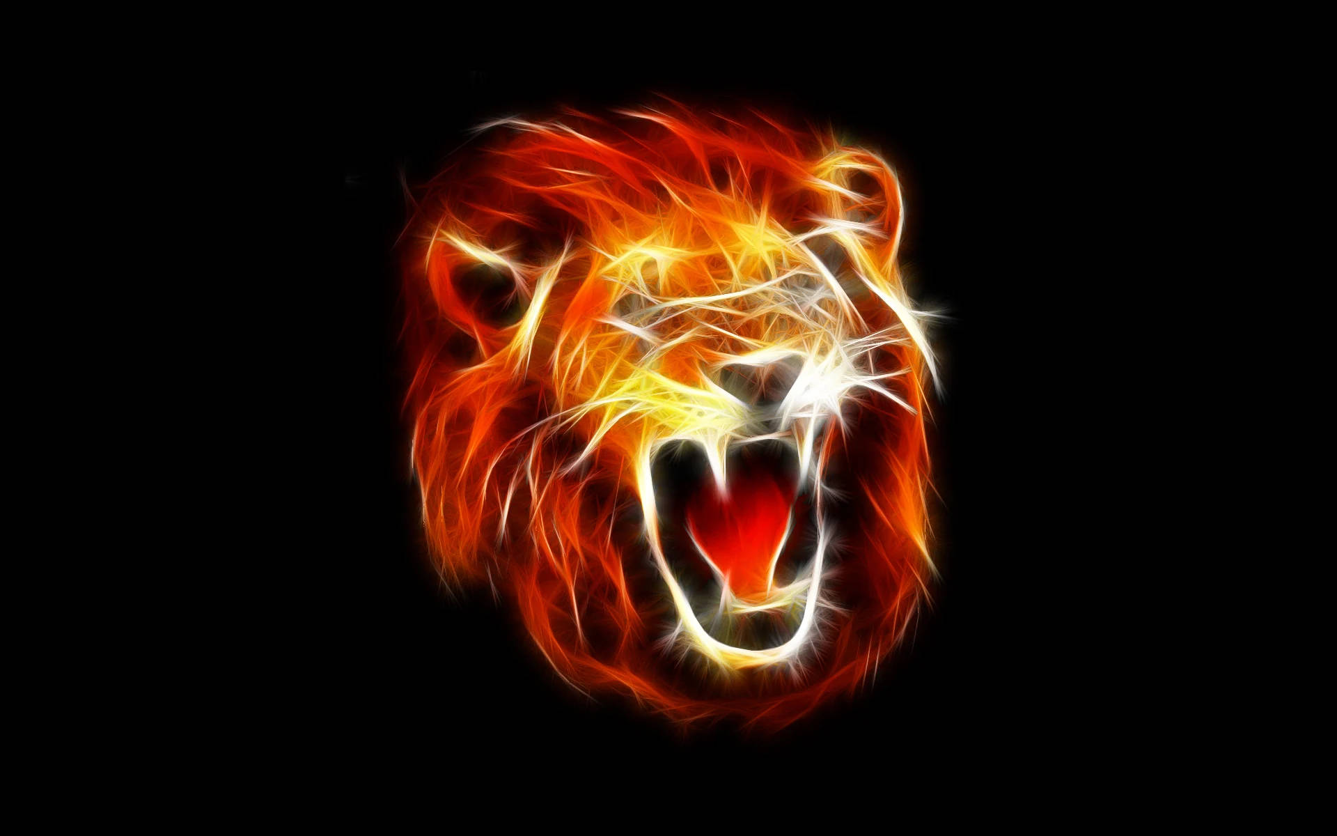 Lion Head 桌布 壁紙 — 一頭咆哮的獅子頭部，被鮮豔的橙色和黃色火焰包圍，背景為純黑色。