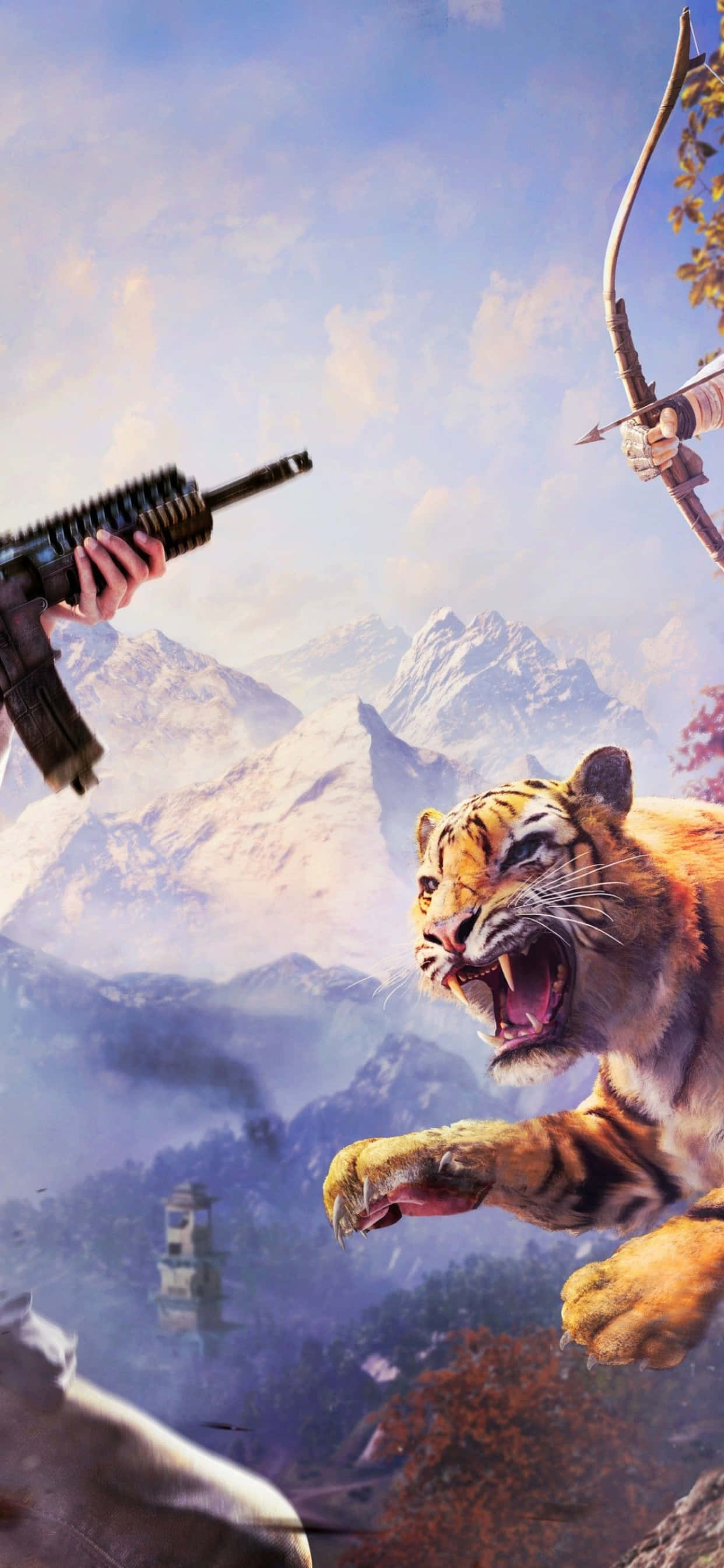 iPhone Xs Max Far Cry 4 桌布 壁紙 — 一頭咆哮的老虎向著持步槍的獵人和持弓的獵人撲去，背景是雪山。