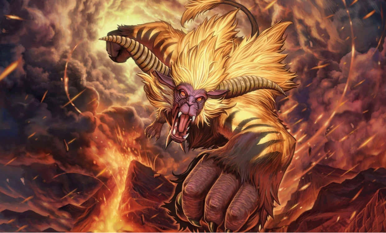 魔物獵人 世界 桌布 壁紙 — 一頭咆哮的金色毛髮野獸，帶有條紋角和發光的眼睛，從熾熱的火山地形中出現。