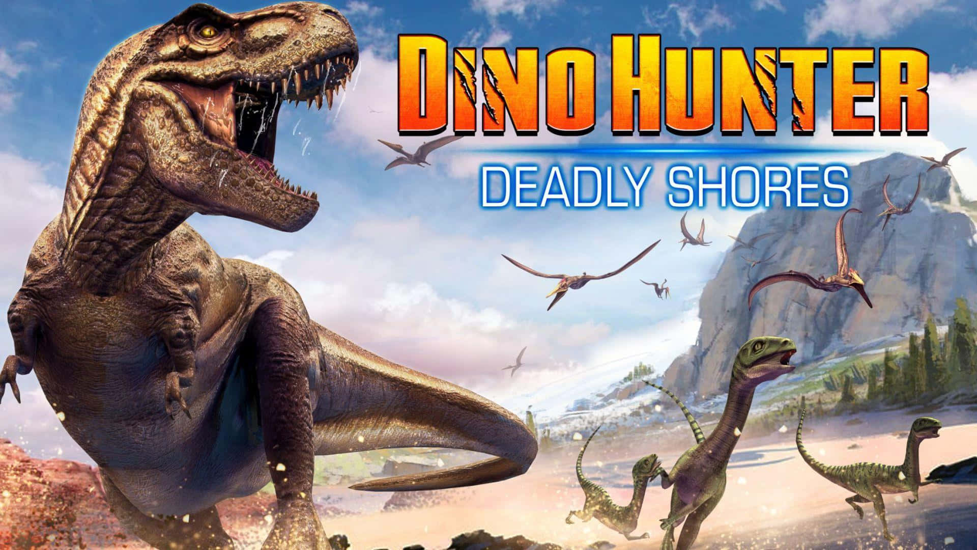 Dino 桌布 壁紙 — 一頭咆哮的霸王龍主宰著史前海岸線，伴隨著飛行的爬行動物和其他恐龍，構成一個充滿活力的遊戲封面。