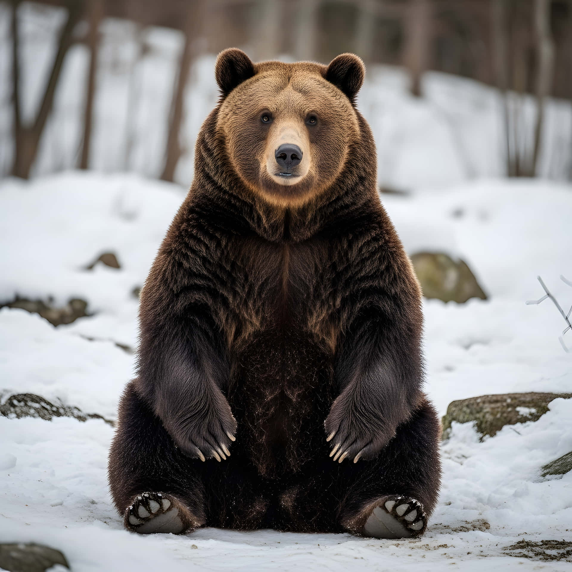 Grizzly bear sits 壁紙 — 一頭大棕熊在深雪中直立坐著，周圍是光禿禿的樹木和散落的岩石。