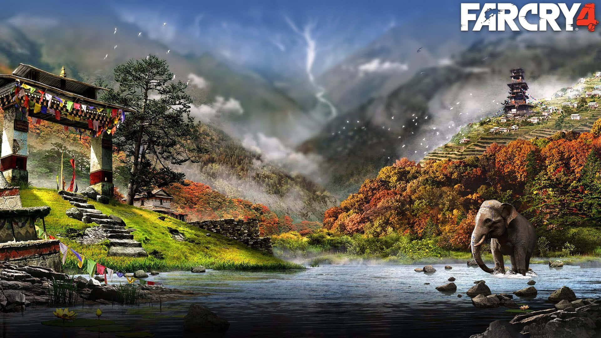 電玩遊戲 桌布 壁紙 — 一頭大象在河邊涉水，旁邊是經幡門，霧氣繚繞的山巒和梯田山丘閃耀著秋色。