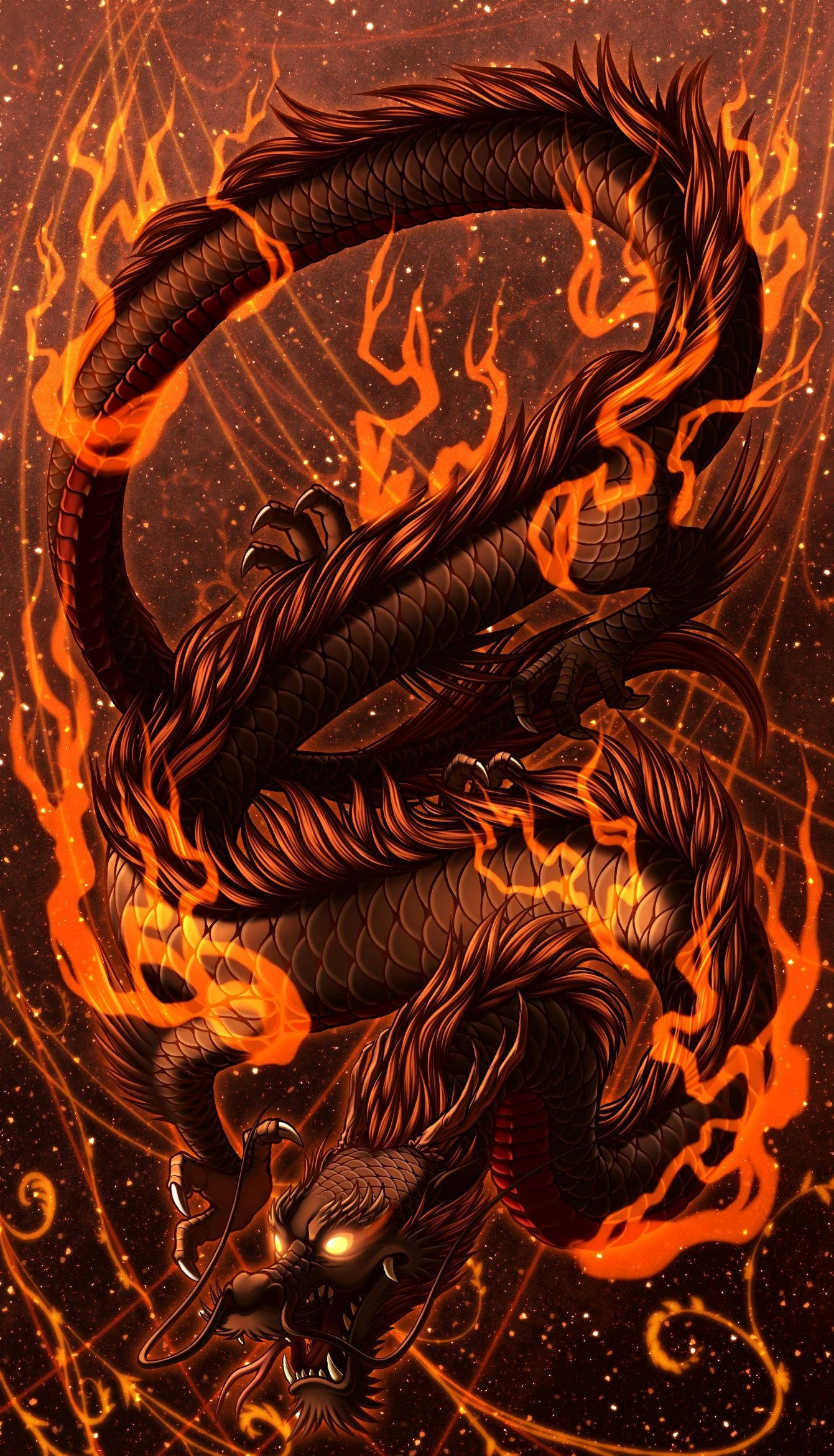 Red Fire 桌布 壁紙 — 一頭威嚴的火焰巨龍在星光燦爛的宇宙天空中盤旋，帶有發光的橙色火焰和精細的鱗片。