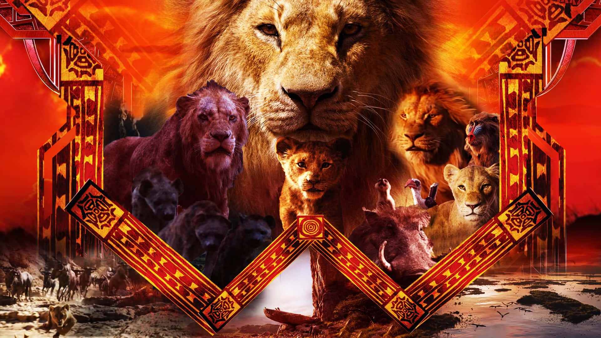 Lion King Scar 桌布 壁紙 — 一頭威嚴的獅子王從熾熱的王座上俯視，他的獅群和稀樹草原的獸群聚集在裝飾性的部落大門下。