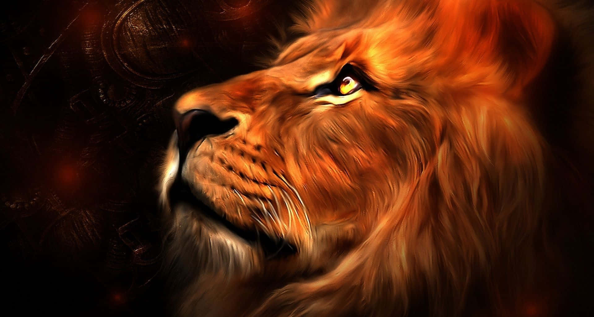 Lion Of Judah 桌布 壁紙 — 一頭威嚴的獅子頭在深色紋理背景上散發出熾熱的橙色光芒。