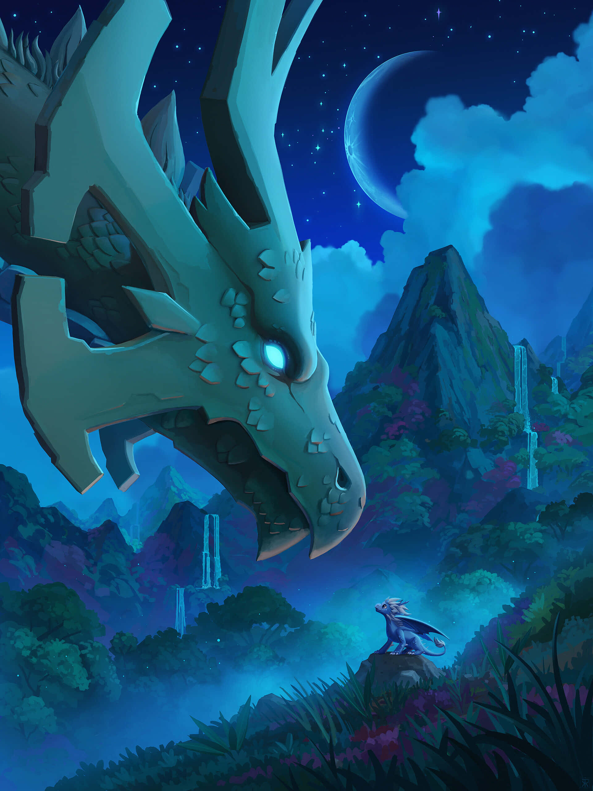 The Dragon Prince 桌布 壁紙 — 一頭威嚴的發光眼睛巨龍，在彎月和繁星夜空下，俯瞰懸崖上的一個小人影。