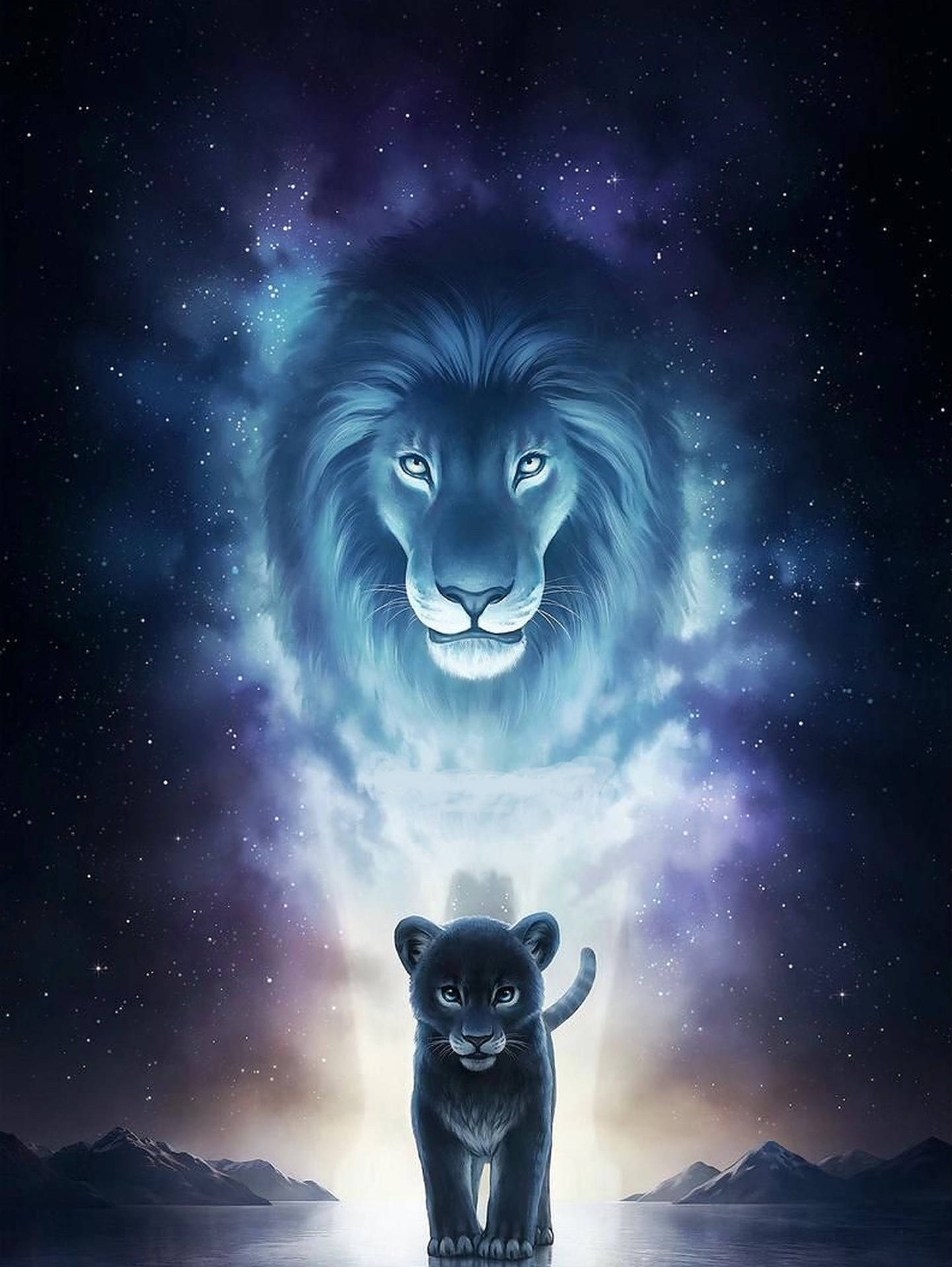 一頭發光藍色獅神在星空下守護著一隻小黑幼崽。 — 銀河獅子 壁紙